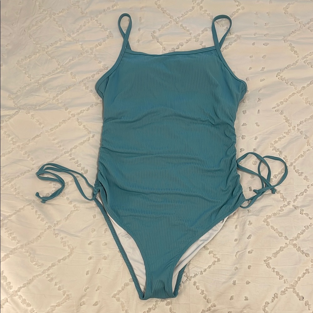 Ribbed Teal One-Piece Swimsuit with Side Tie